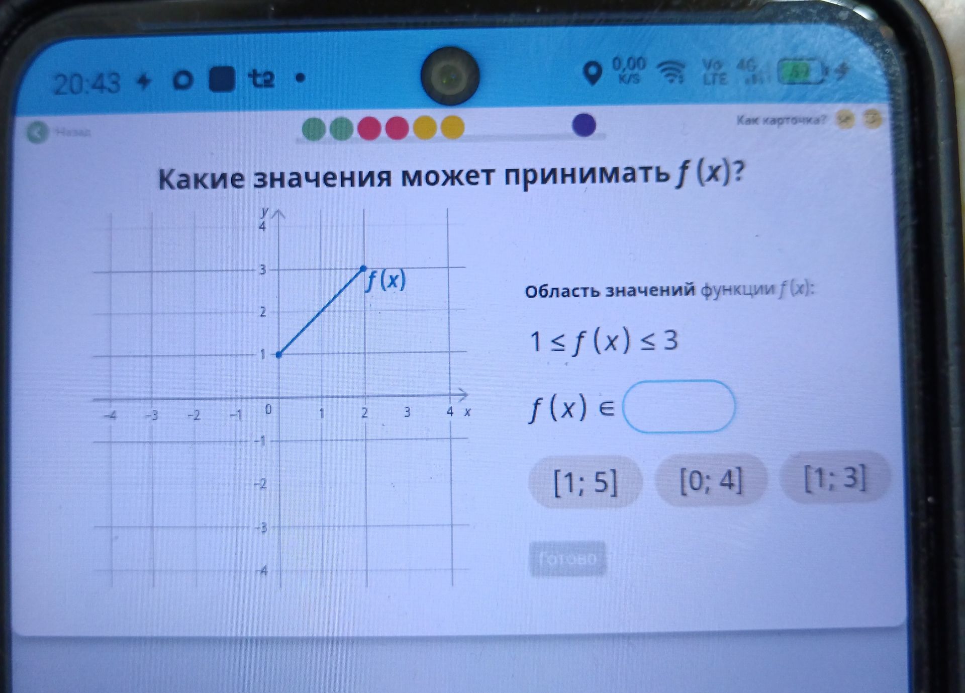 Фото задания: Какие значения может принимать \(f(x)\)? График функции — отрезок с концами в точках \((0;1)\) и \((2;3)\). Выберите…