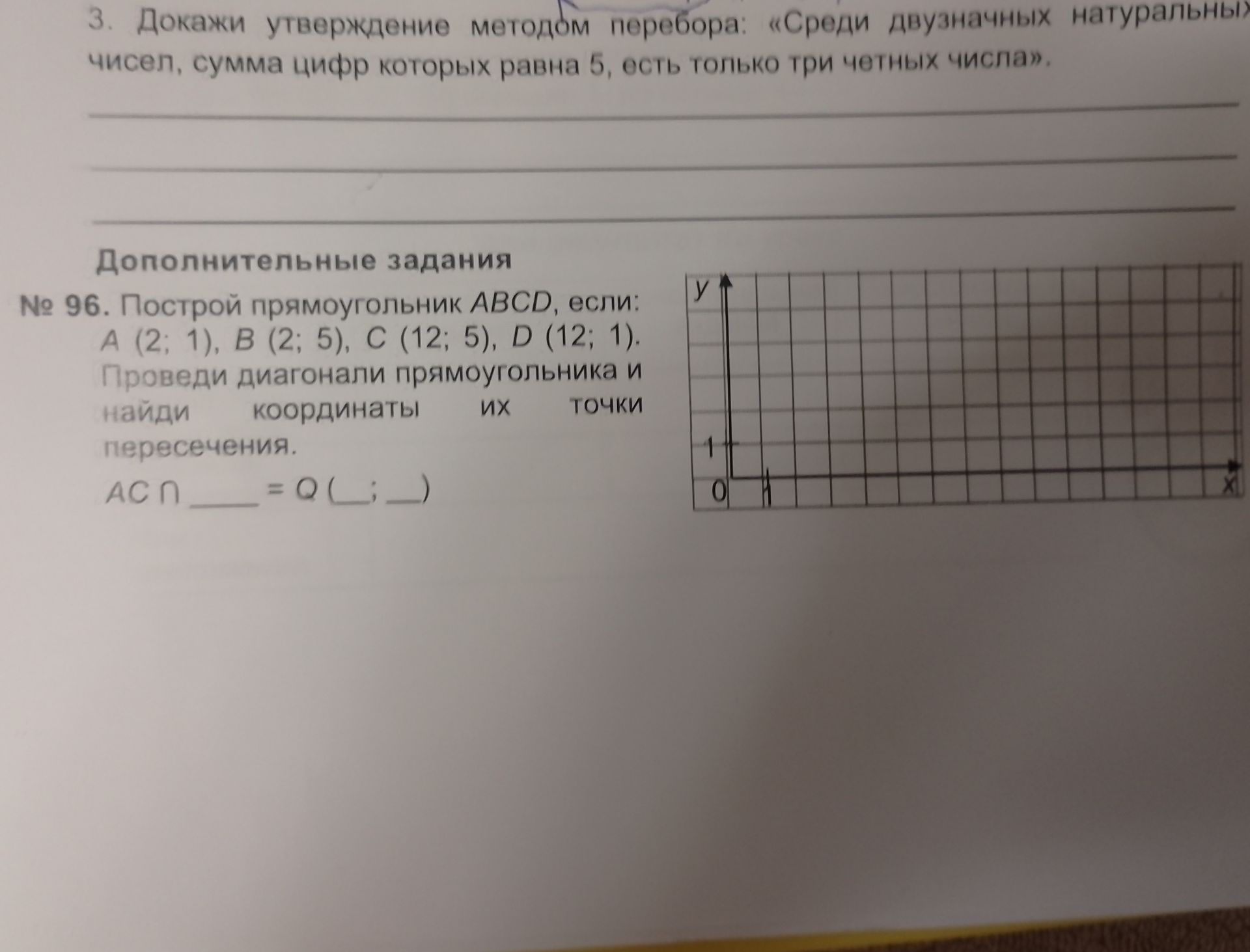 Фото задания: № 96. Построй прямоугольник ABCD, если A (2; 1), B (2; 5), C (12; 5), D (12; 1). Проведи диагонали прямоугольника и найди…