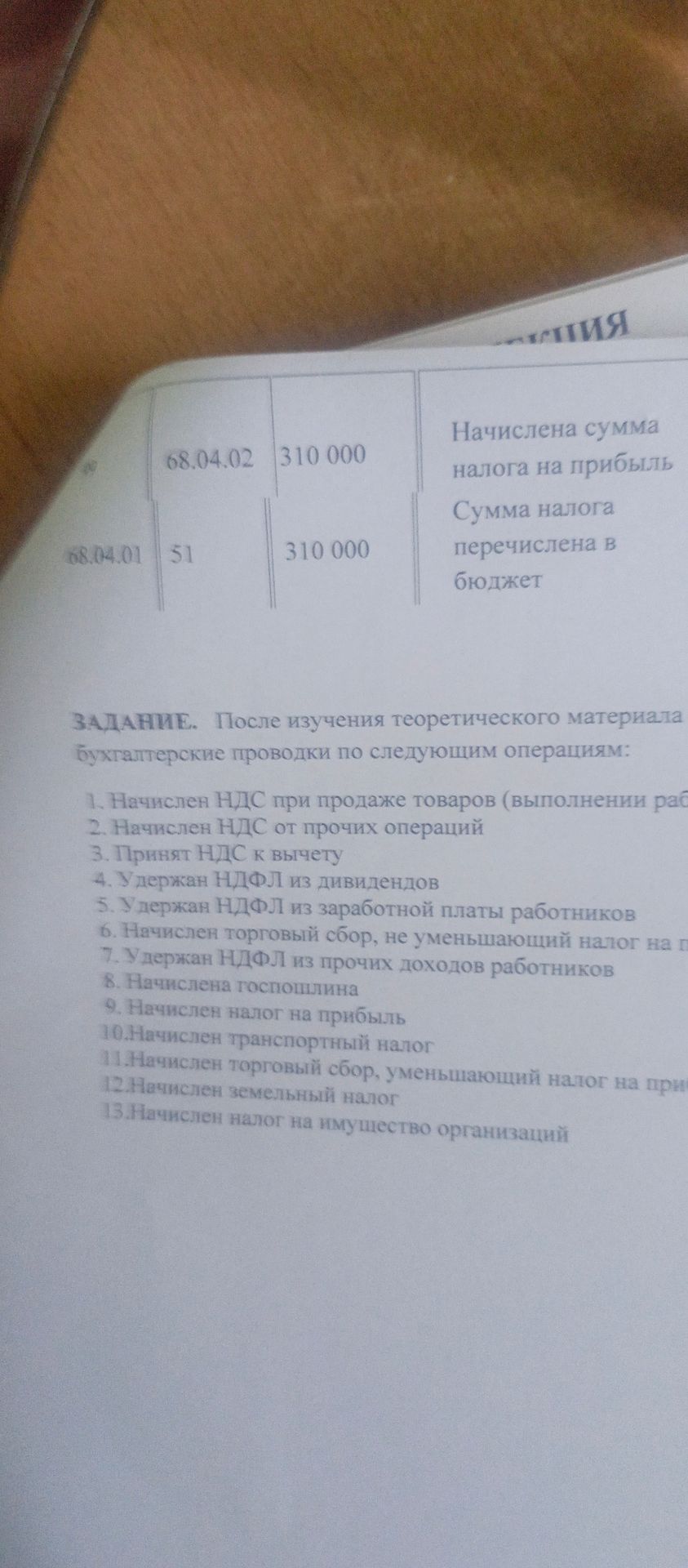 Фото задания: Задание. После изучения теоретического материала составить бухгалтерские проводки по следующим операциям: 1. Начислен НДС при…