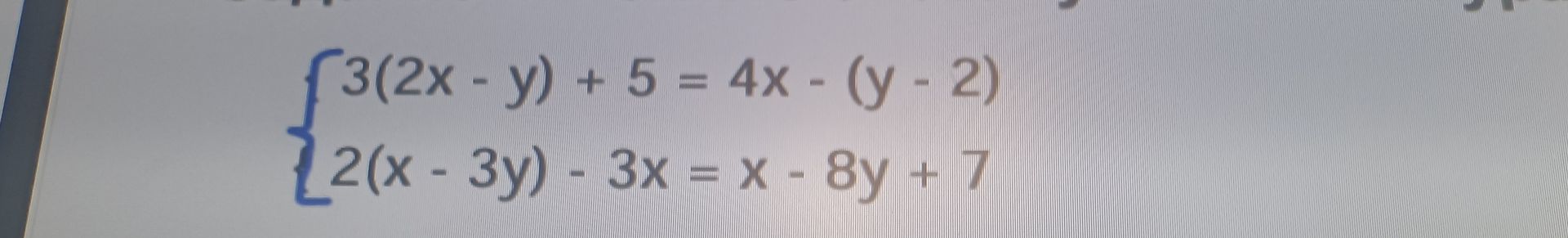 Фото задания: Решите систему уравнений: 3(2x − y) + 5 = 4x − (y − 2); 2(x − 3y) − 3x = x − 8y + 7.