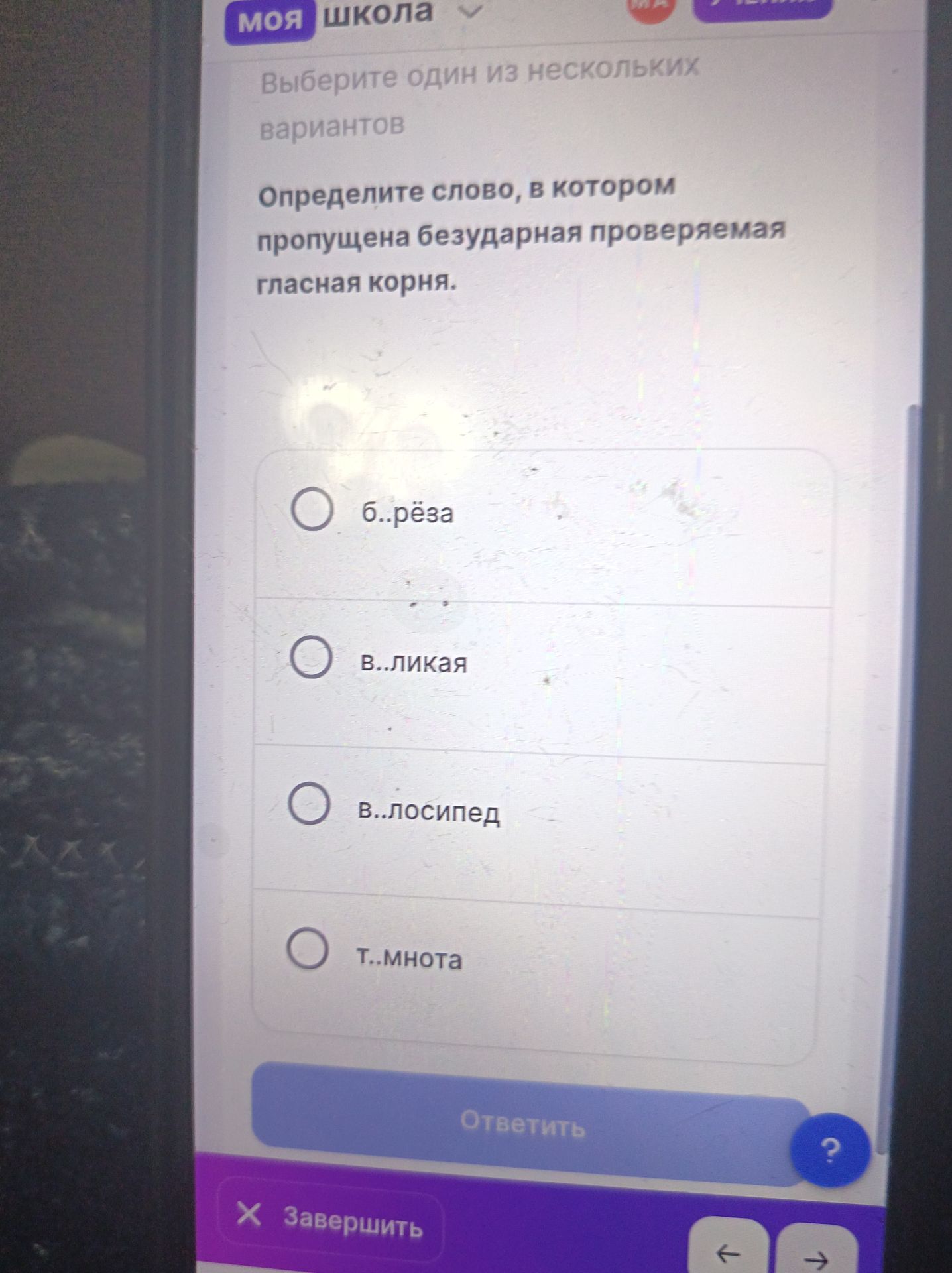 Фото задания: Определите слово, в котором пропущена безударная проверяемая гласная корня: б..рёза; в..ликая; в..лосипед; т..мнота.