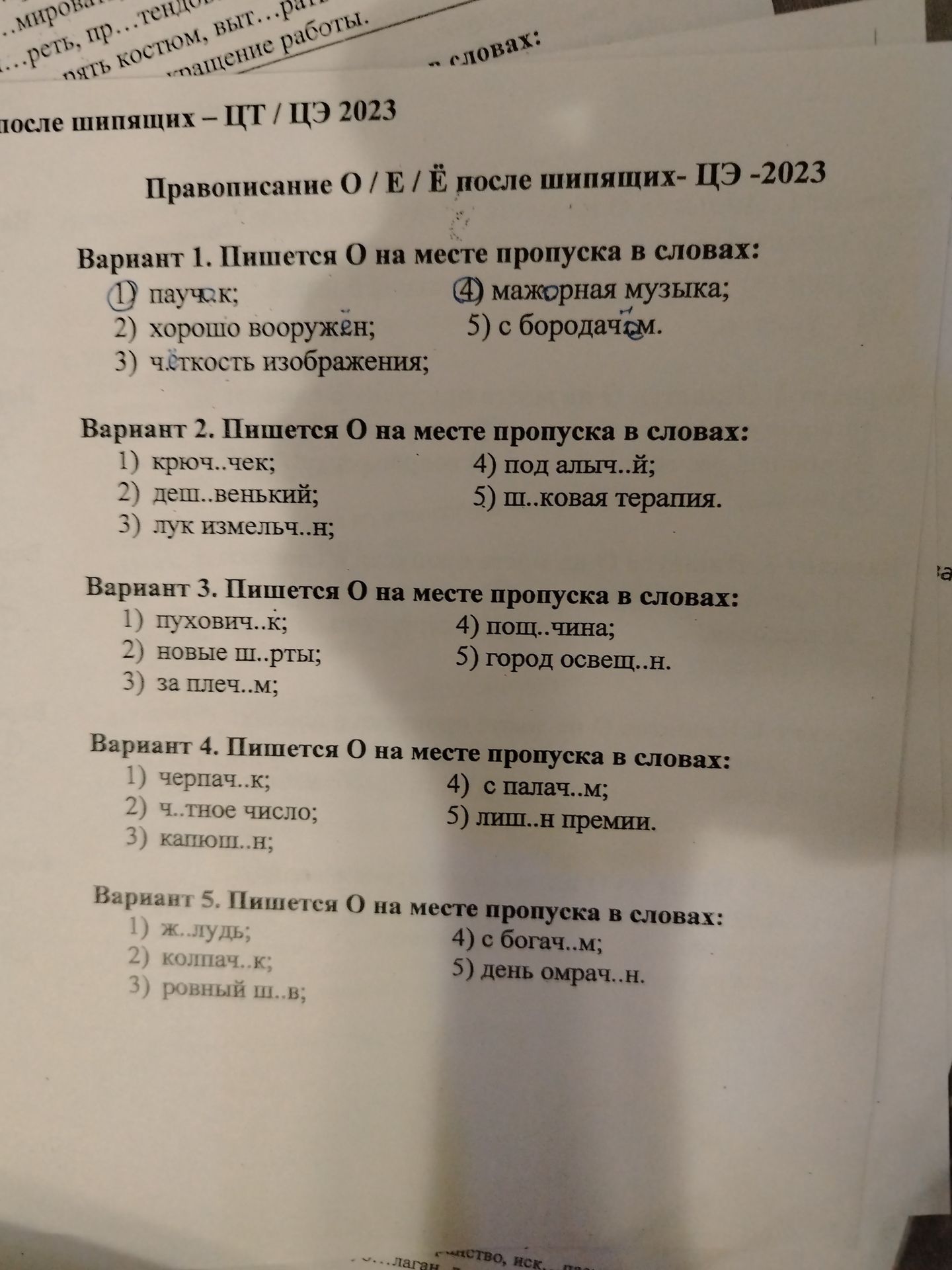 Фото задания: Вариант 2. Пишется О на месте пропуска в словах: 1) крюч..чек; 2) деш..венький; 3) лук изменч..н; 4) под алыч..й; 5) ш..ковая…