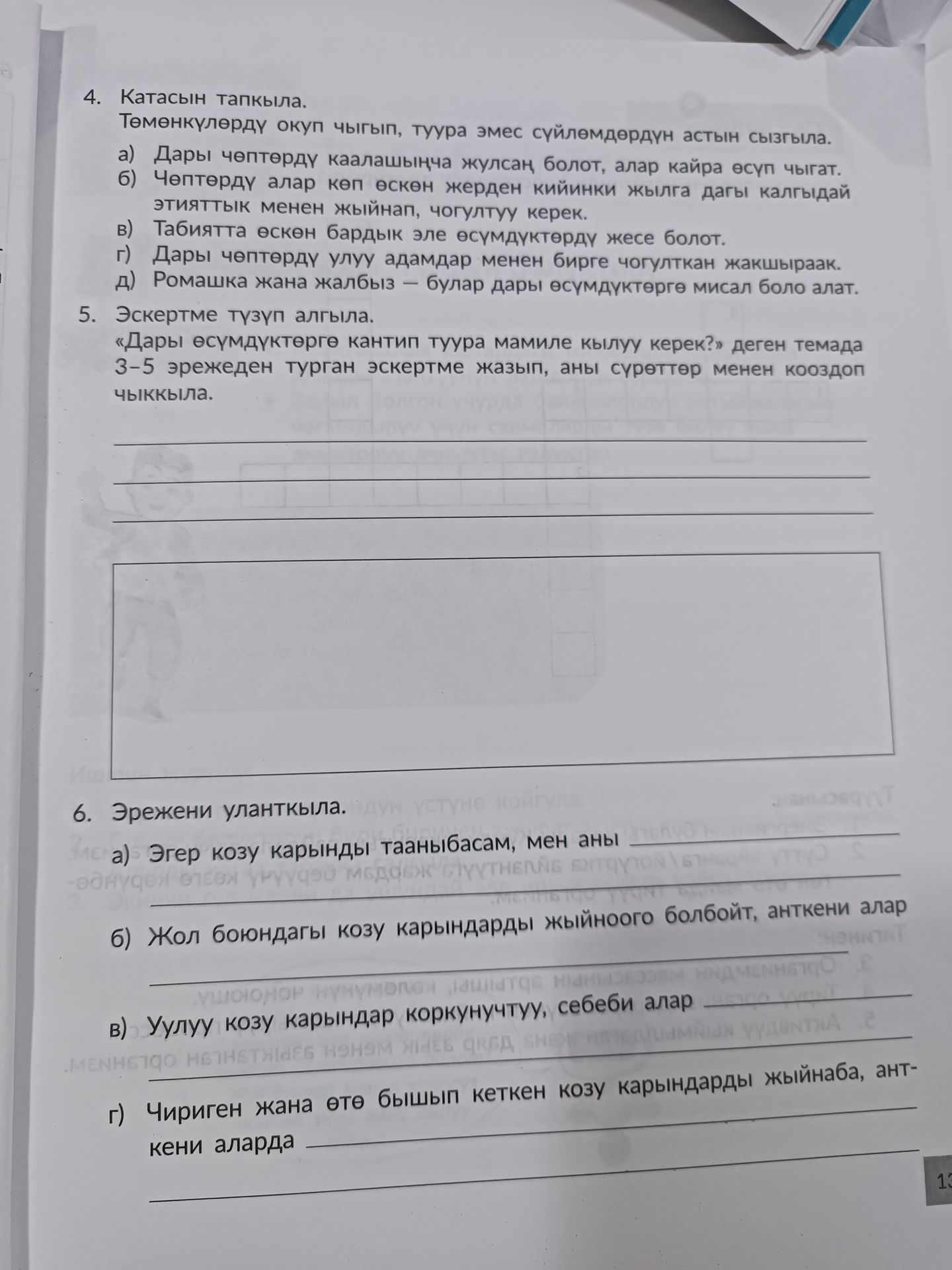 Фото задания: 4. Катасын тапкыла. Төмөнкүлөрдү окуп чыгып, туура эмес сүйлөмдөрдүн астын сызгыла. а) Дары чөптөрдү каалаганча жулсаң болот,…