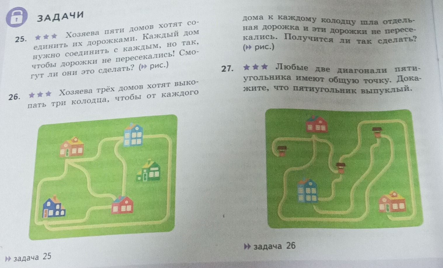 Фото задания: 26. Хозяева трёх домов хотят выкопать три колодца, чтобы от каждого дома к каждому колодцу шла отдельная дорожка и эти…