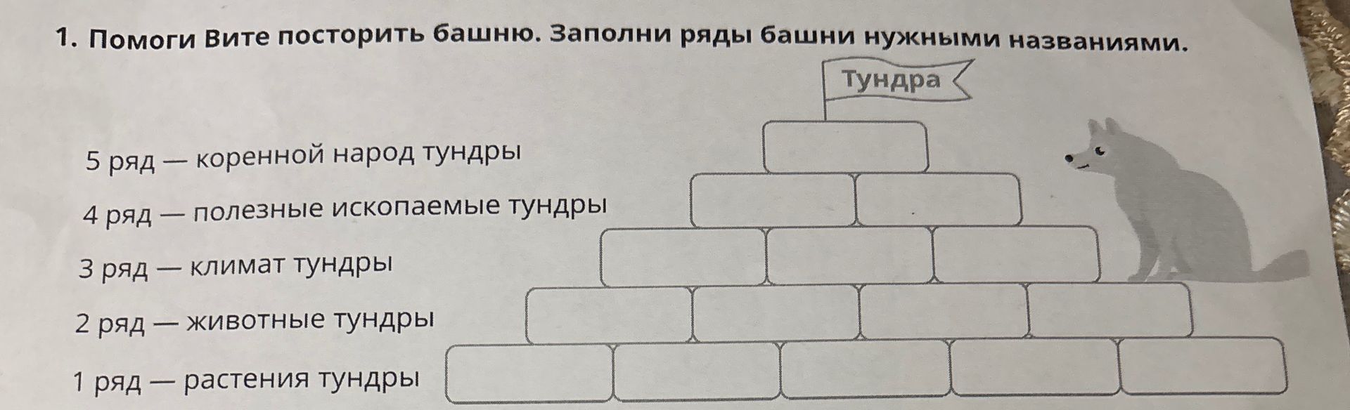 Фото задания: 1. Помоги Вите построить башню. Заполни ряды башни нужными названиями. Тундра. 5 ряд — коренной народ тундры; 4 ряд —…