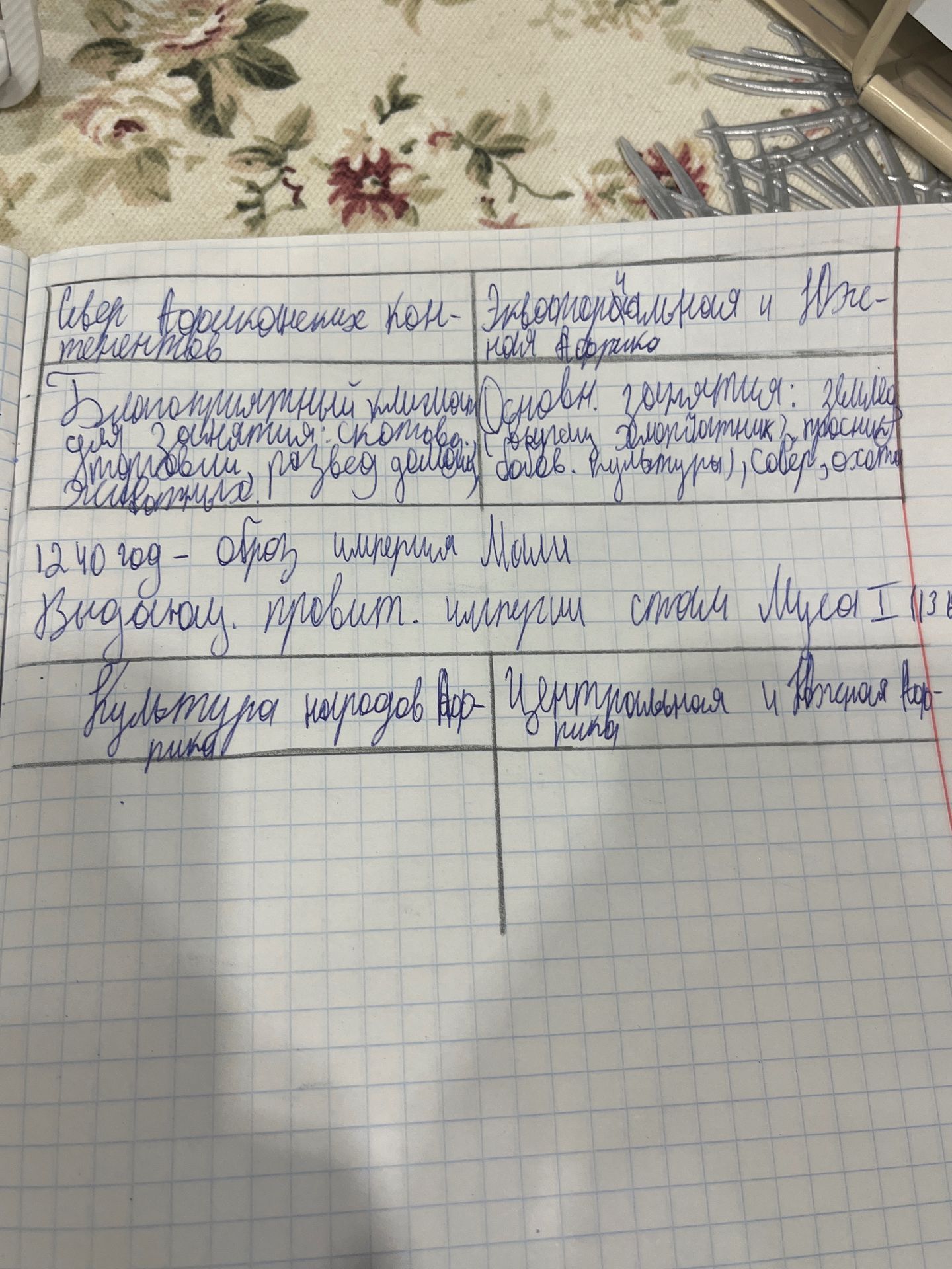 Фото задания: На изображении — незаполненная таблица. В нижней строке читаются заголовки «Культура народов Африки» и «Центральная и ……