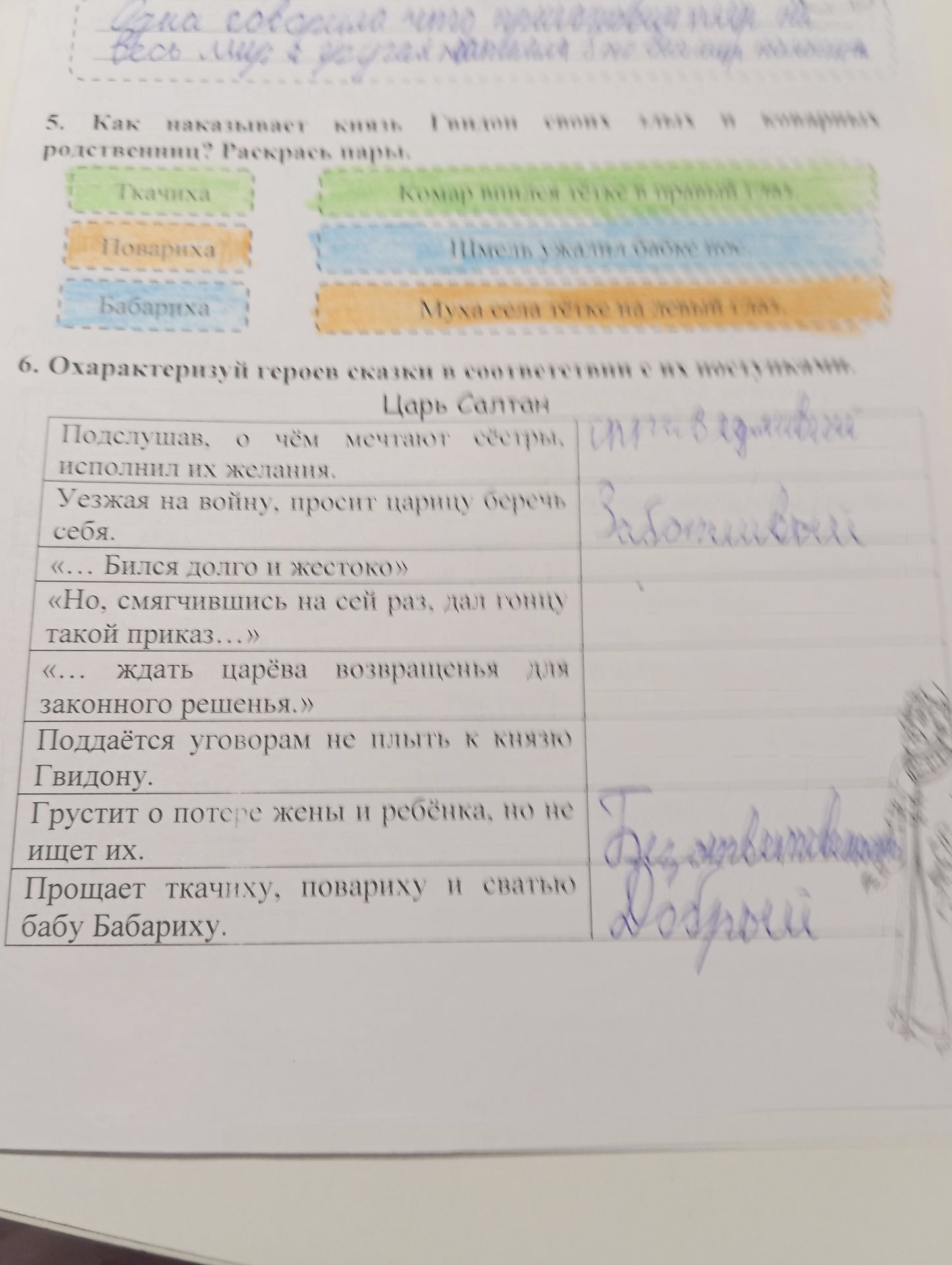 Фото задания: 6. Охарактеризуй героя сказки в соответствии с его поступками. Царь Салтан: подслушав, о чём мечтают сёстры, исполнил их…