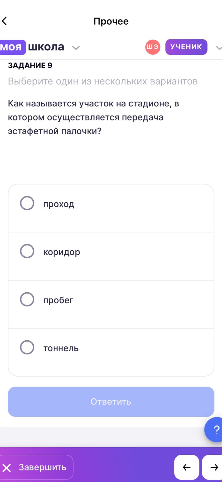 Фото задания: Задание 9. Выберите один из нескольких вариантов. Как называется участок на стадионе, в котором осуществляется передача…