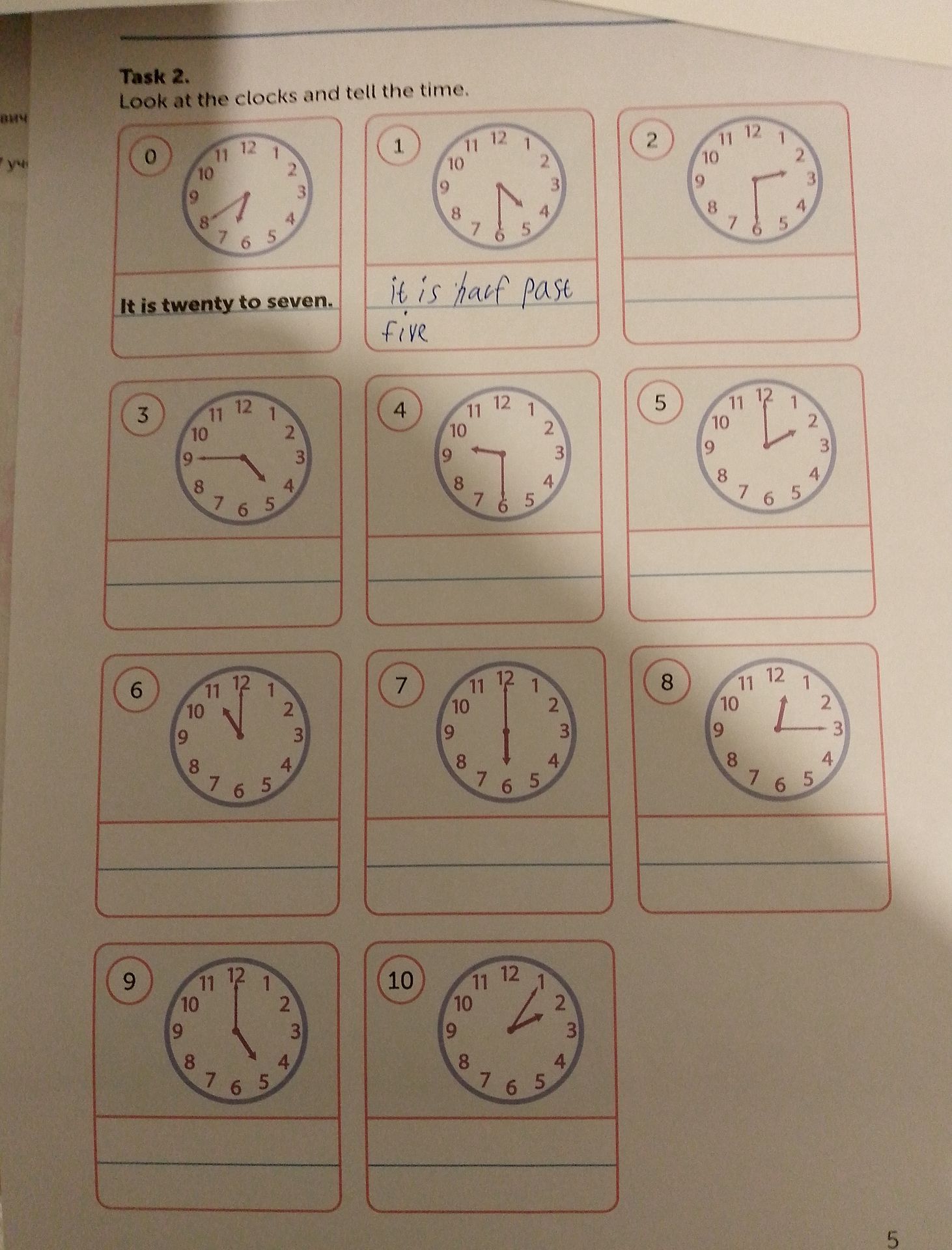 Фото задания: Task 2. Look at the clocks and tell the time. (Clocks 1–10; clock 0 is the example.)