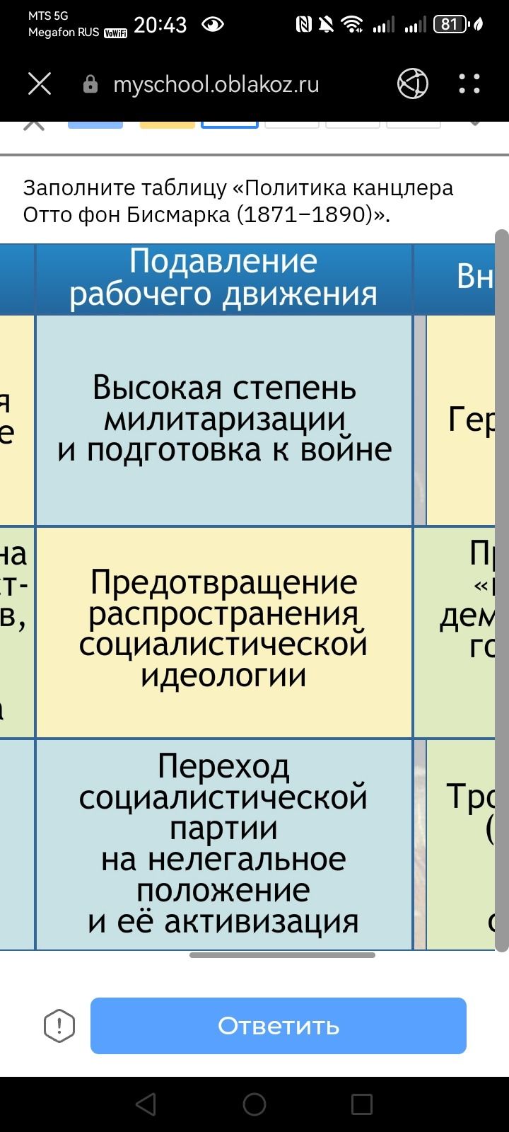 Фото задания: Заполните таблицу «Политика канцлера Отто фон Бисмарка (1871–1890)».