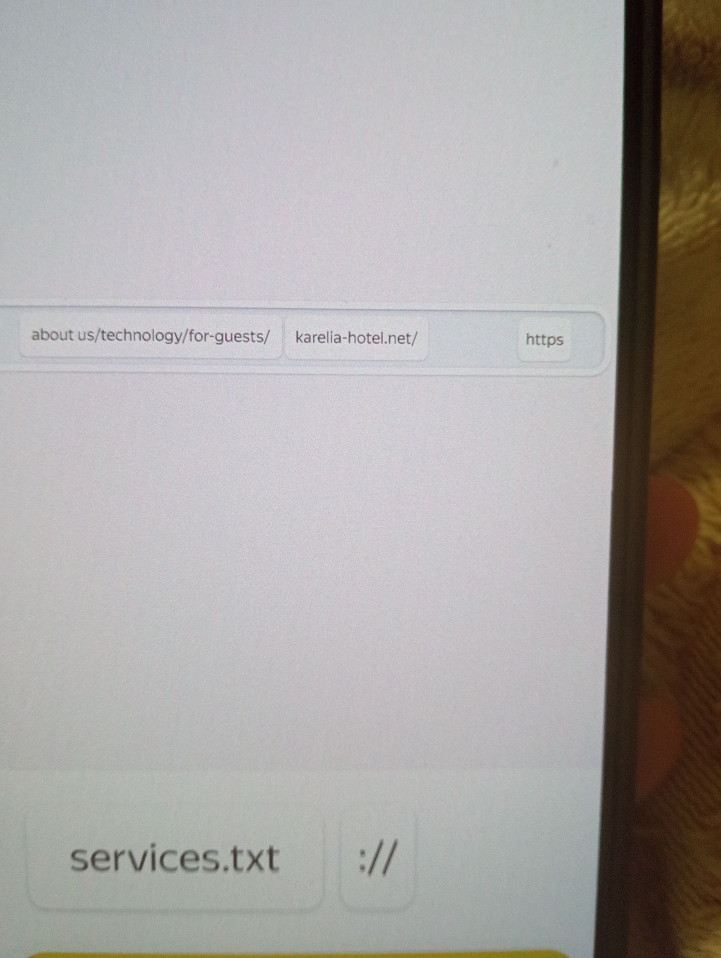Фото задания: На изображении видны фрагменты: «https», «://», «karelia-hotel.net/», «about us/technology/for-guests/» и «services.txt».
