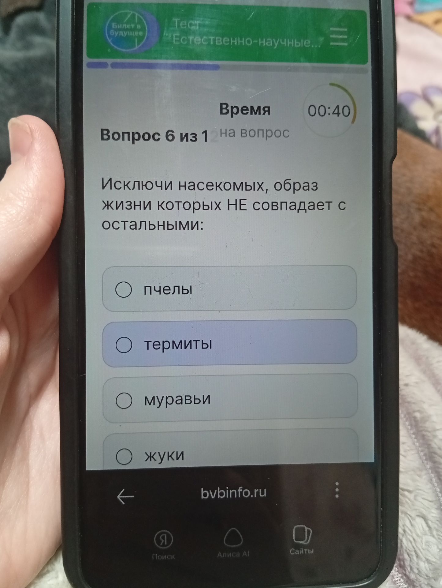 Фото задания: Вопрос 6. Исключи насекомых, образ жизни которых НЕ совпадает с остальными: пчёлы, термиты, муравьи, жуки.