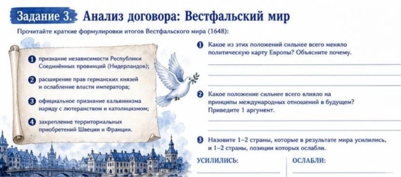 Фото задания: Задание 3. Анализ договора: Вестфальский мир. Прочитайте краткие формулировки итогов Вестфальского мира (1648): 1)…