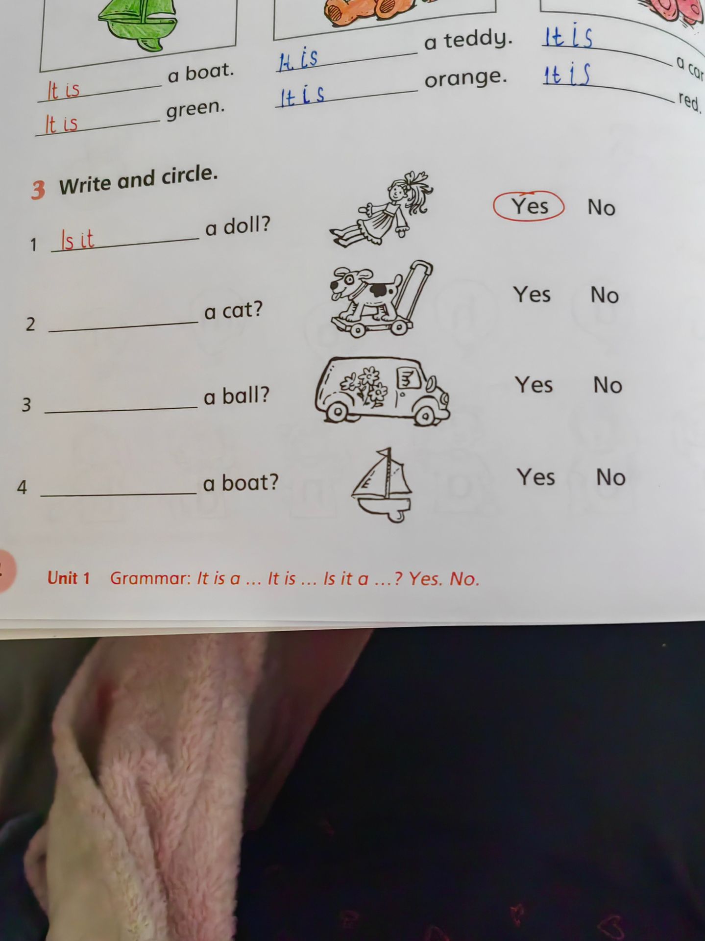 Фото задания: 3. Write and circle. 1) ___ a doll? 2) ___ a cat? 3) ___ a ball? 4) ___ a boat? Circle Yes or No.