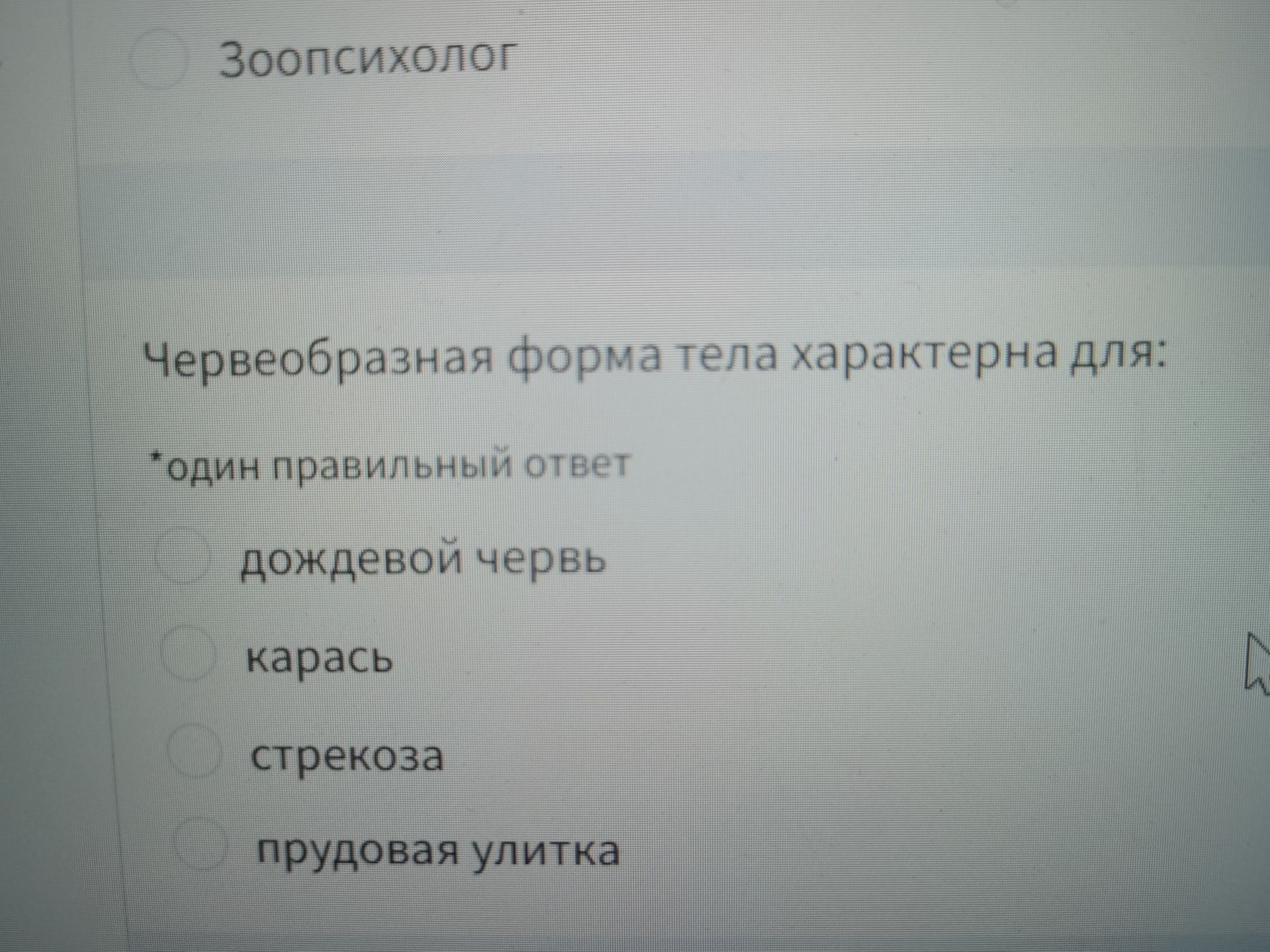 Фото задания: Зоология. Червеобразная форма тела характерна для: дождевого червя, карася, стрекозы, прудовой улитки. Один правильный ответ.