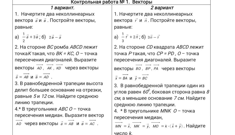 Фото задания: Вариант 1. 2. На стороне \(BC\) ромба \(ABCD\) лежит точка \(K\) такая, что \(BK=KC\), \(O\) — точка пересечения…