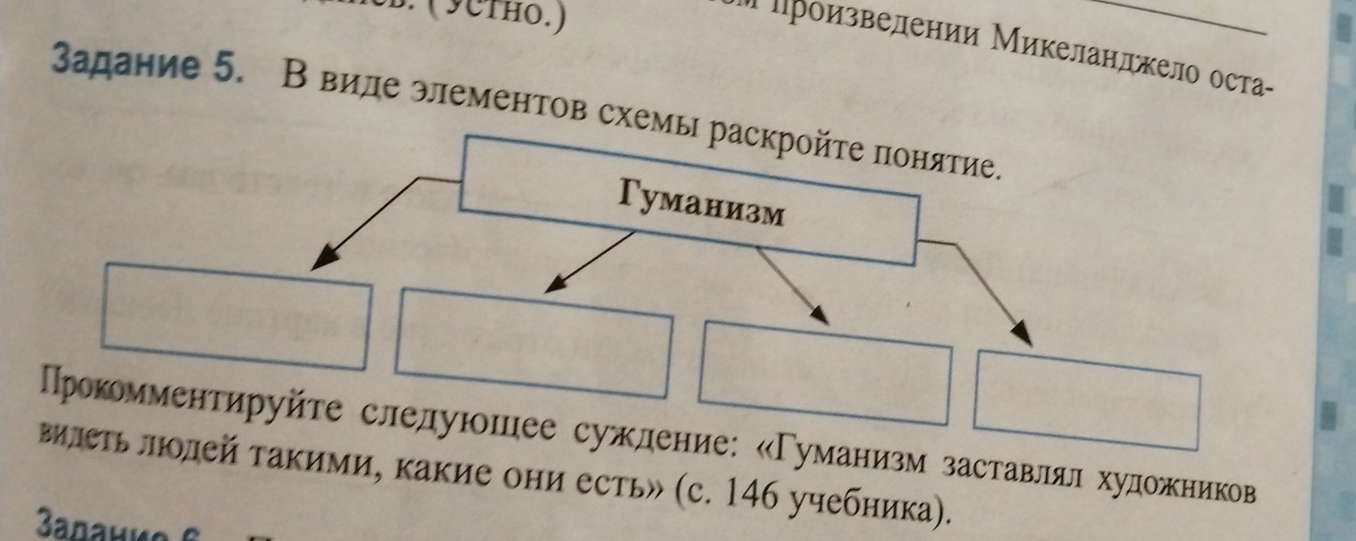 Фото задания: Задание 5. В виде элементов схемы раскройте понятие «Гуманизм». Прокомментируйте следующее суждение: «Гуманизм заставлял…