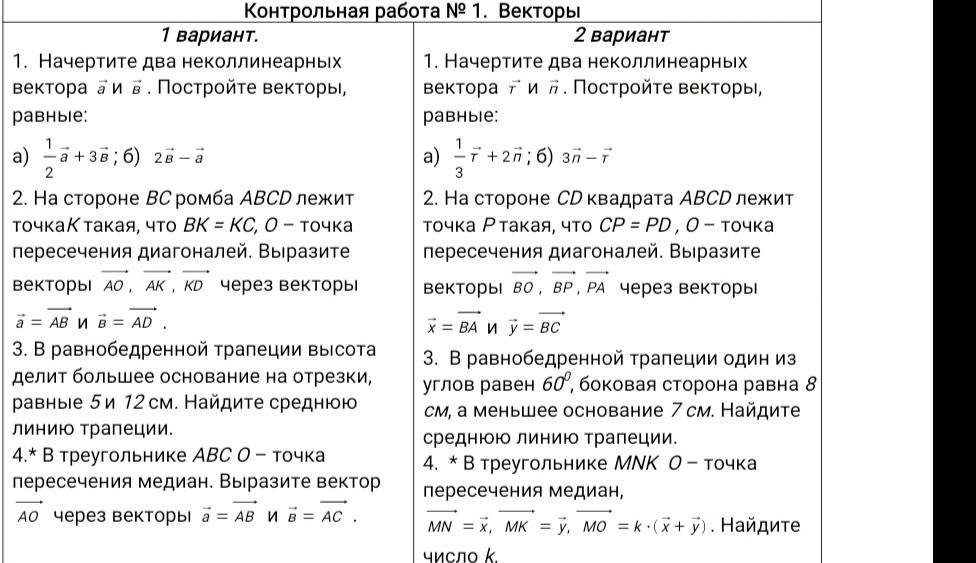 Фото задания: 2 вариант. 1. Начертите два неколлинеарных вектора \(\vec r\) и \(\vec n\). Постройте векторы, равные: а) \(\frac13\vec…