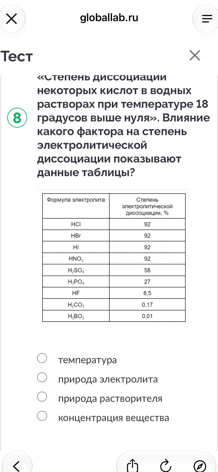 Фото задания: 8. «Степень диссоциации некоторых кислот в водных растворах при температуре 18 градусов выше нуля». Влияние какого фактора на…