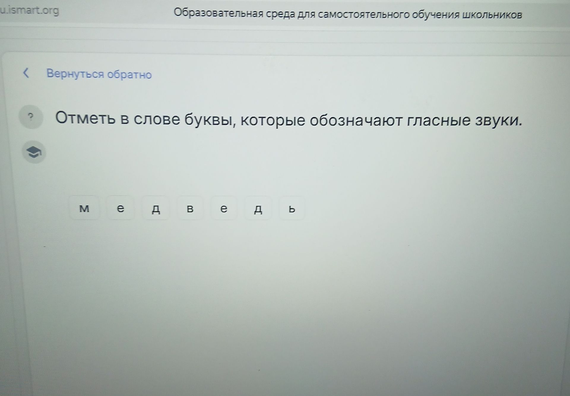 Фото задания: Отметь в слове буквы, которые обозначают гласные звуки. Слово: медведь.