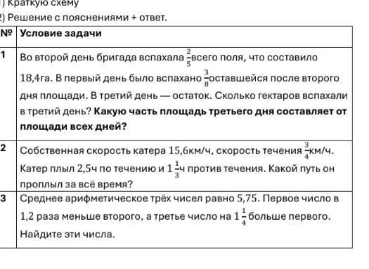 Фото задания: 1. Во второй день бригада вспахала \(\frac{2}{5}\) всего поля, что составило 18,4 га. В первый день было вспахано…