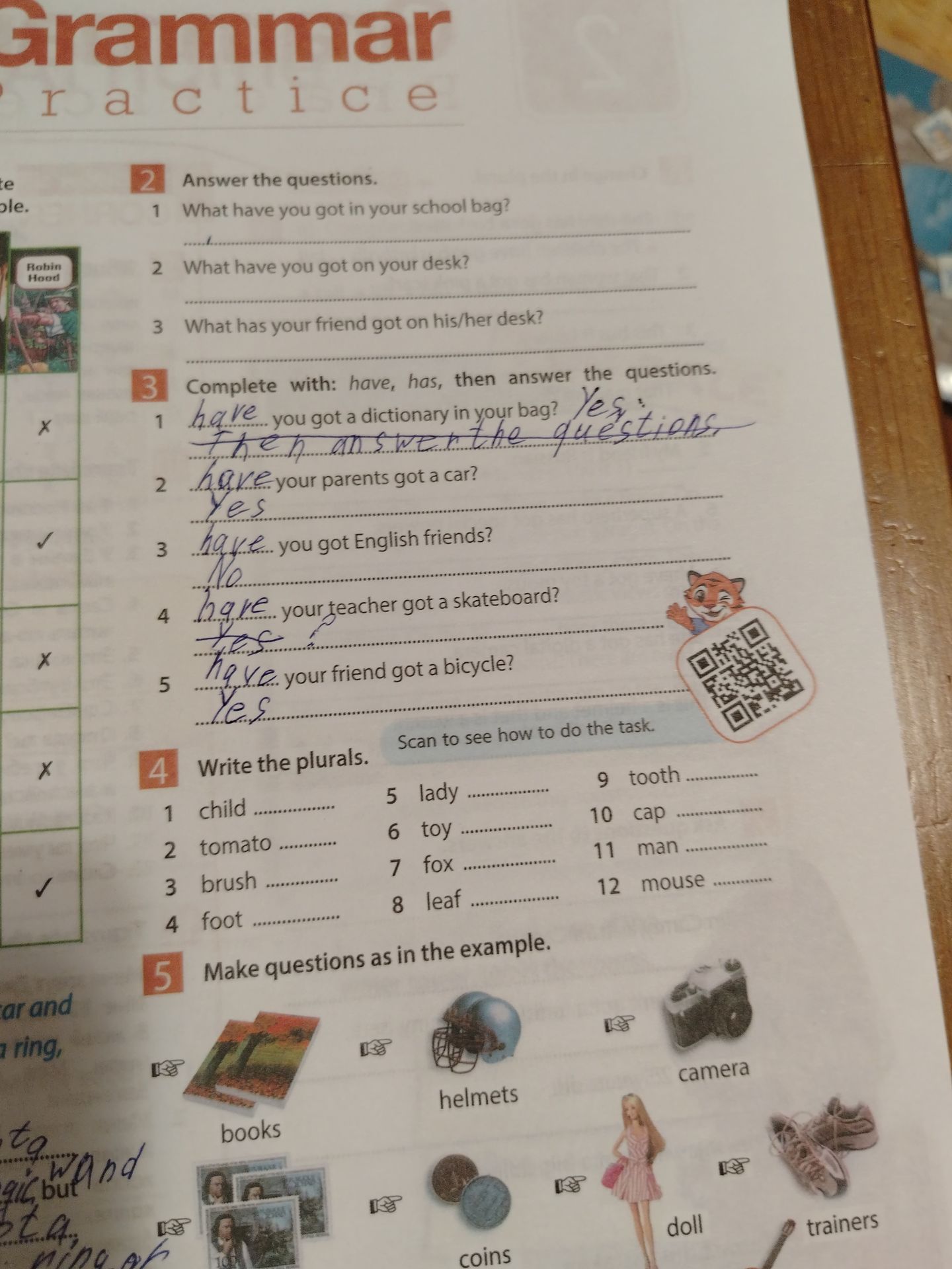 Фото задания: 5. Make questions as in the example. (Видны изображения и подписи: books, helmets, camera, banknotes, coins, doll, trainers.)