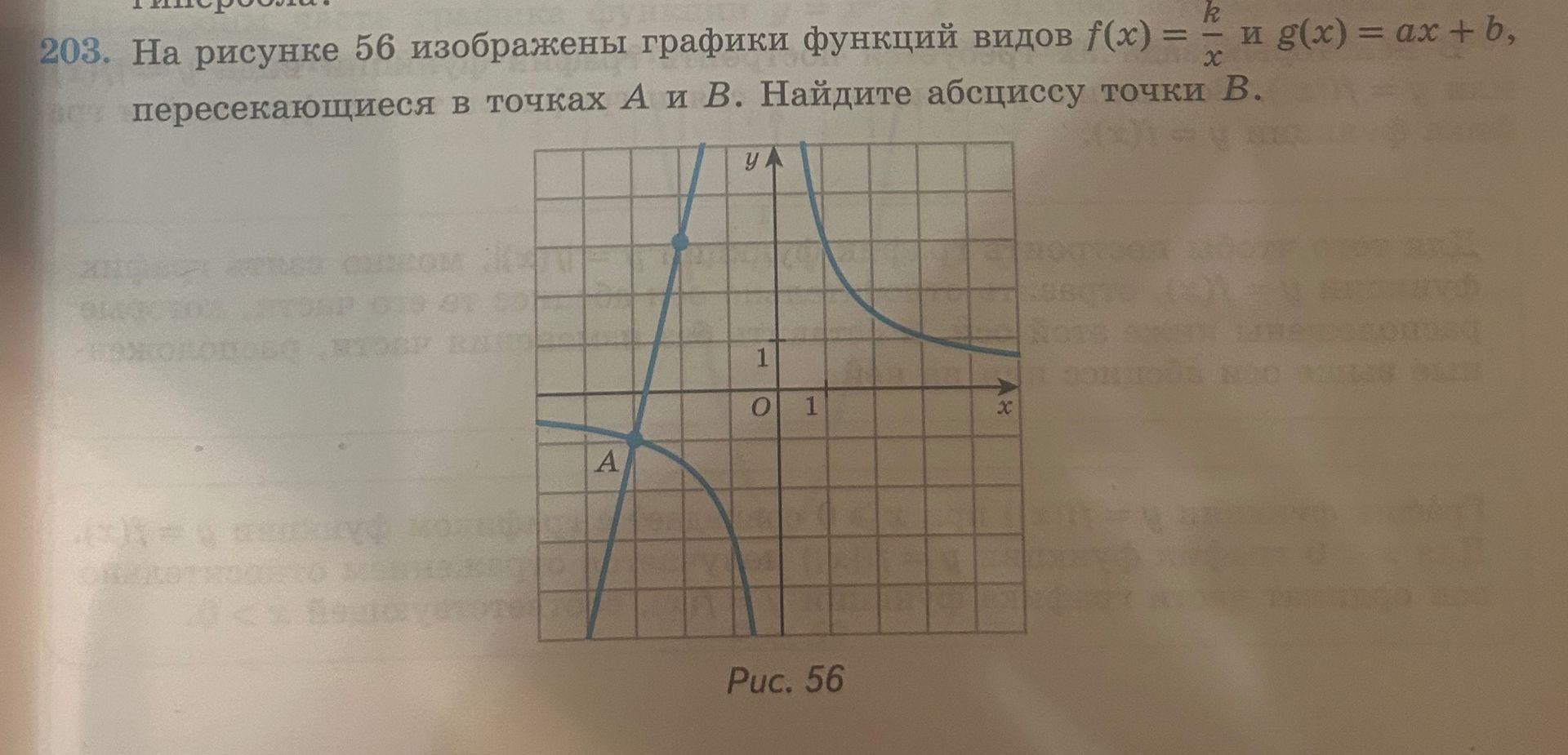 Фото задания: 203. На рисунке 56 изображены графики функций видов \(f(x)=\frac{k}{x}\) и \(g(x)=ax+b\), пересекающиеся в точках A и B.…