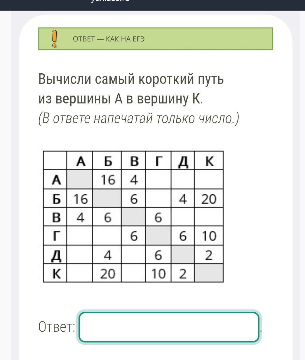 Фото задания: Вычисли самый короткий путь из вершины А в вершину К. В ответе напечатай только число.