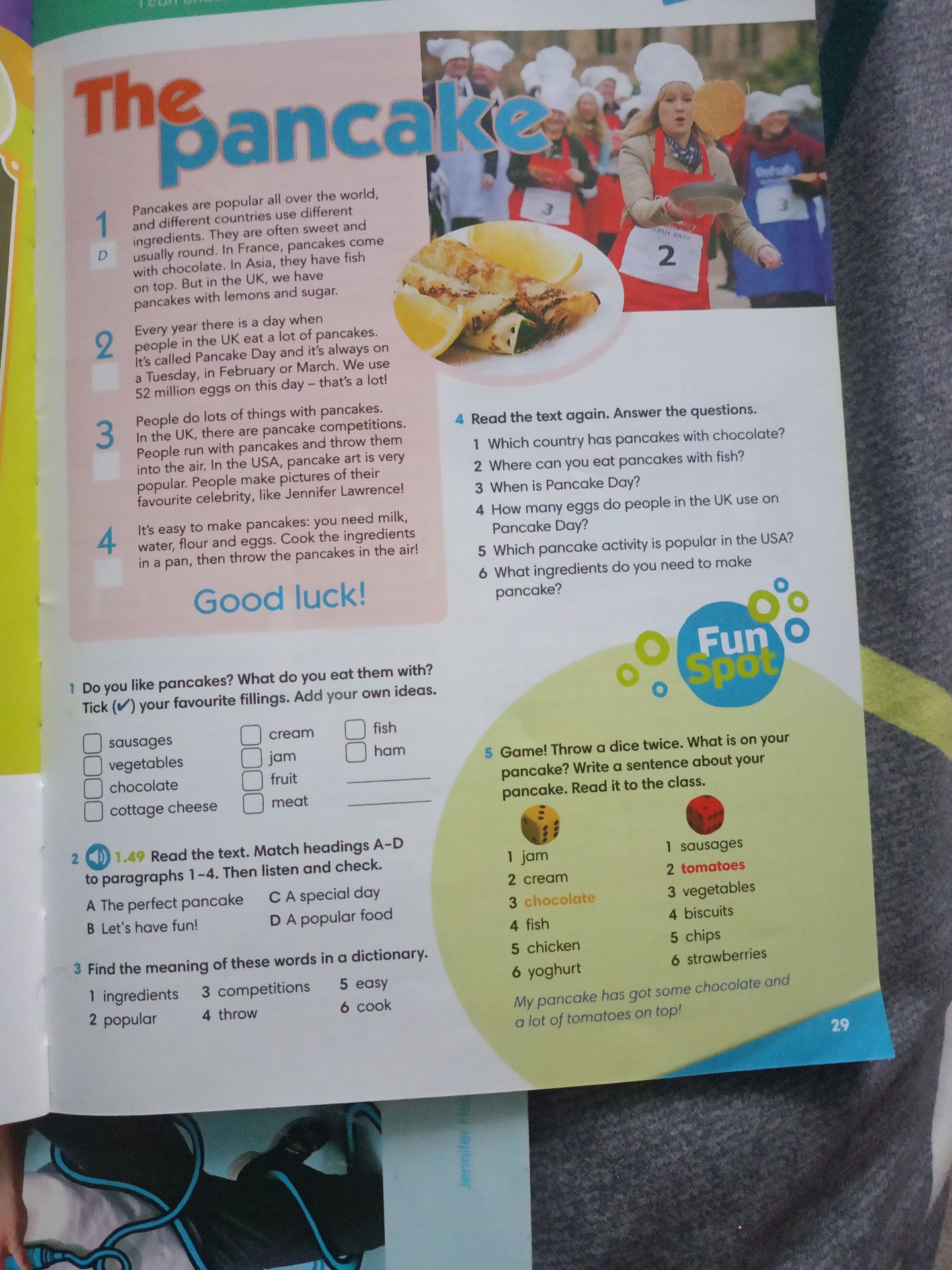 Фото задания: 5. Game! Throw a dice twice. What is on your pancake? Write a sentence about your pancake. Read it to the class. Die 1: 1…