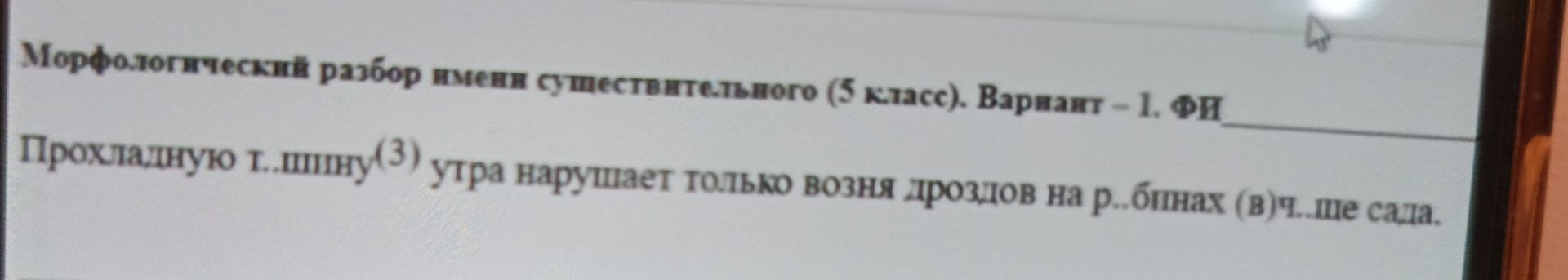 Фото задания: Морфологический разбор имени существительного (5 класс). Вариант 1. Прохладную т..шину (3) утра нарушает только возня дроздов…