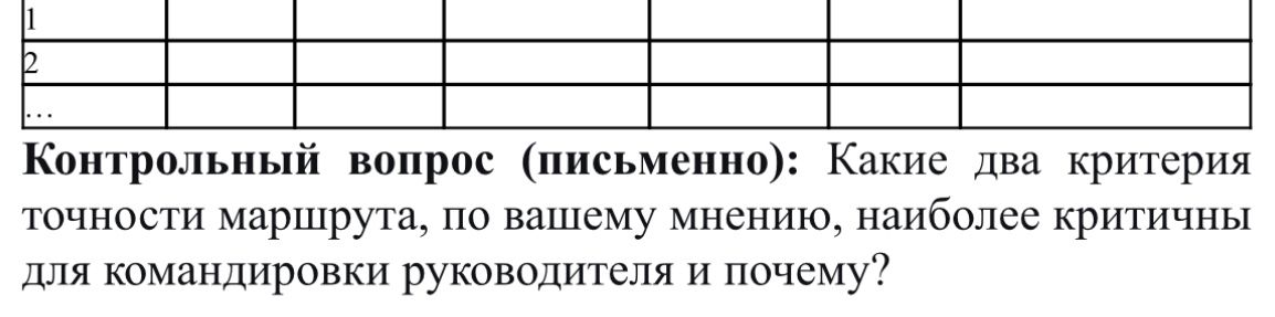 Фото задания: Контрольный вопрос (письменно): Какие два критерия точности маршрута, по вашему мнению, наиболее критичны для командировки…