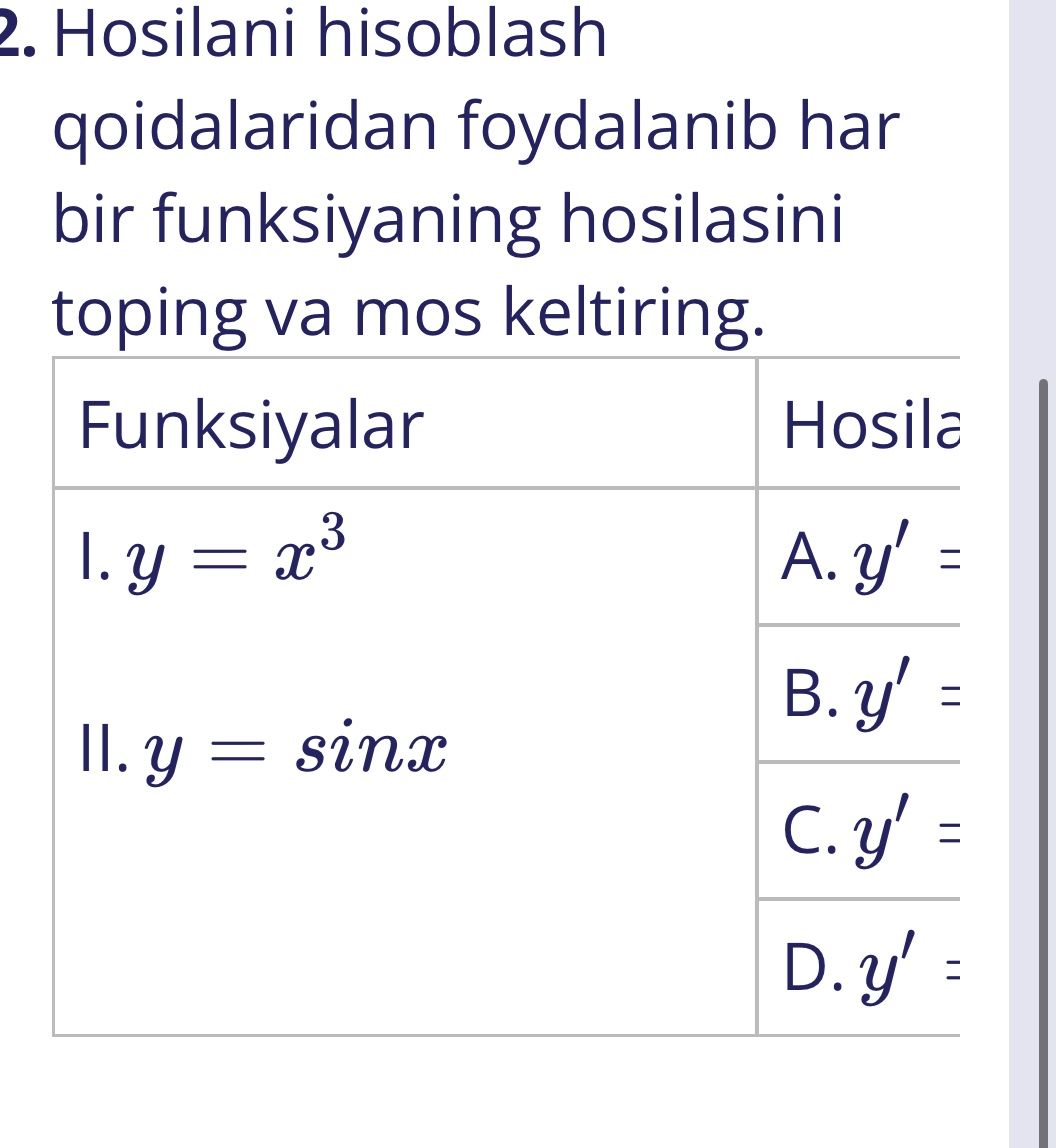 Фото задания: 2. Hosilani hisoblash qoidalaridan foydalanib har bir funksiyaning hosilasini toping va mos keltiring. I. y = x³; II. y = sin…