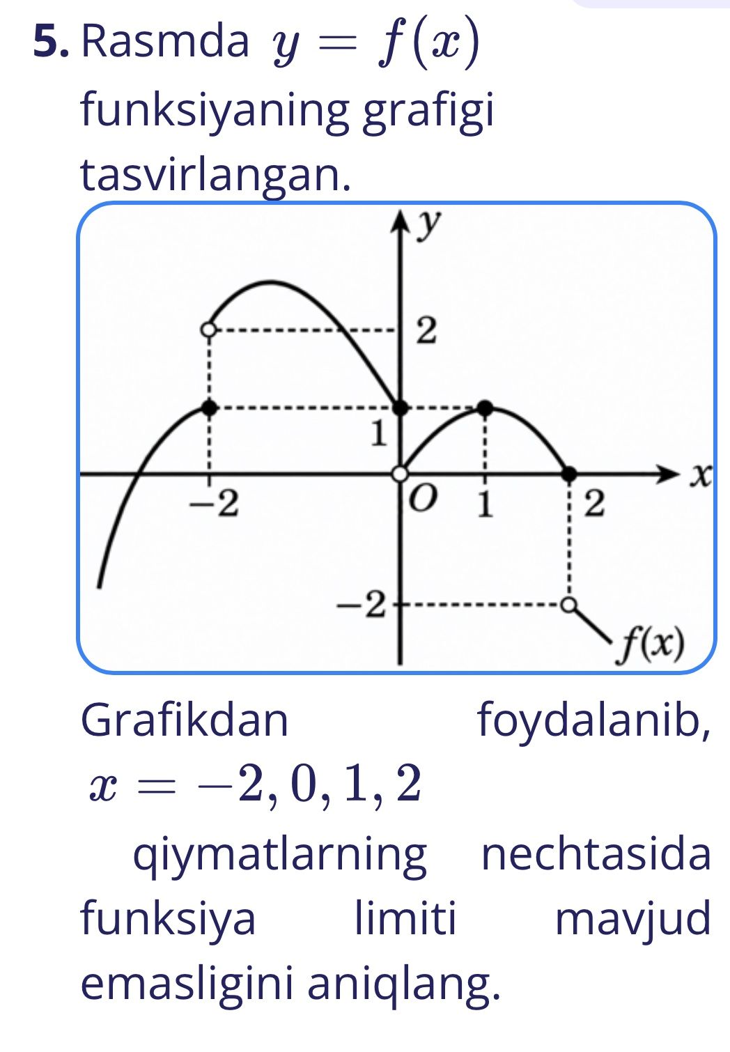 Фото задания: 5. Rasmdа y = f(x) funksiyaning grafigi tasvirlangan. Grafikdan foydalanib, x = −2, 0, 1, 2 qiymatlarining nechtasida…