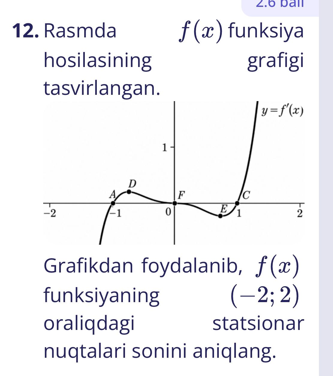 Фото задания: 12. Rasmda \(f'(x)\) funksiyasining grafigi tasvirlangan. Grafikdan foydalanib, \(f(x)\) funksiyaning \((-2; 2)\)…